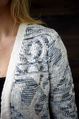 Ivory Blue Printed Fringe Knit Cardigan