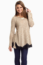 Beige Knit Crochet Trim Top