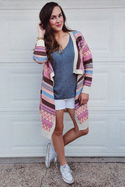 Pink Multi-Colored Tribal Striped Long Knit Cardigan