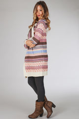 Pink Multi-Colored Tribal Striped Long Knit Cardigan