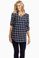 Navy Plaid Linen 3/4 Sleeve Tunic