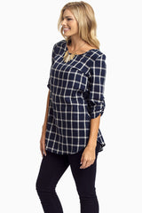 Navy Plaid Linen 3/4 Sleeve Tunic