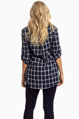 Navy Plaid Linen 3/4 Sleeve Tunic