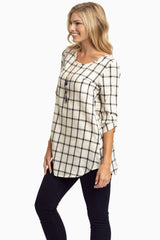 Ivory Plaid Linen 3/4 Sleeve Tunic