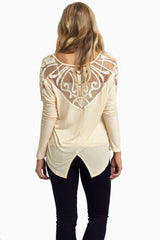 Beige Embroidered Mesh Back Top