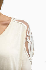 Beige Embroidered Mesh Back Top