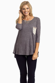 Charcoal Soft Knit Crochet Pocket Top