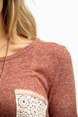 Rust Soft Knit Crochet Pocket Top