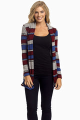 Blue Burgundy Striped Knit Cardigan