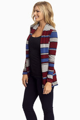 Blue Burgundy Striped Knit Cardigan