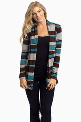 Brown Teal Striped Knit Cardigan