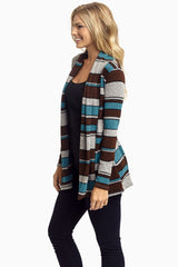 Brown Teal Striped Knit Cardigan