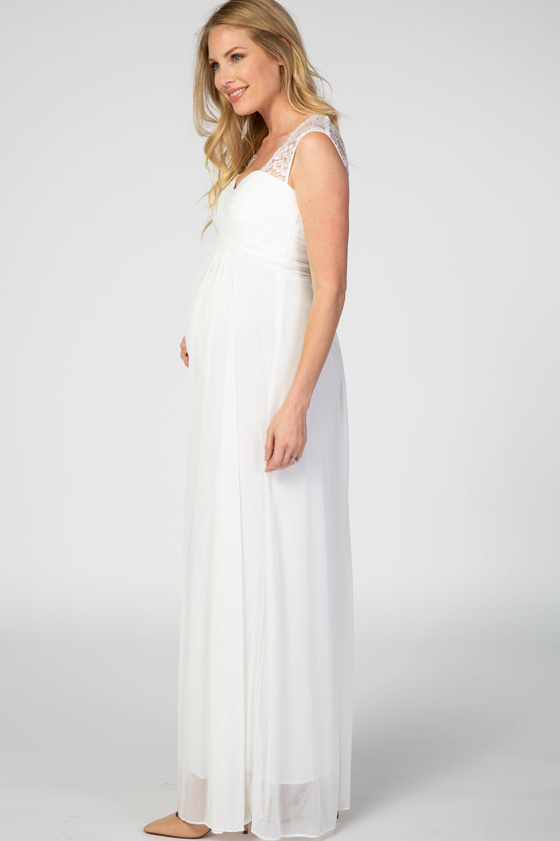 Ivory Lace Accent Chiffon Maternity Evening Gown– PinkBlush