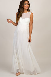 Ivory Mesh Neckline Ruched Bust Maternity Evening Gown