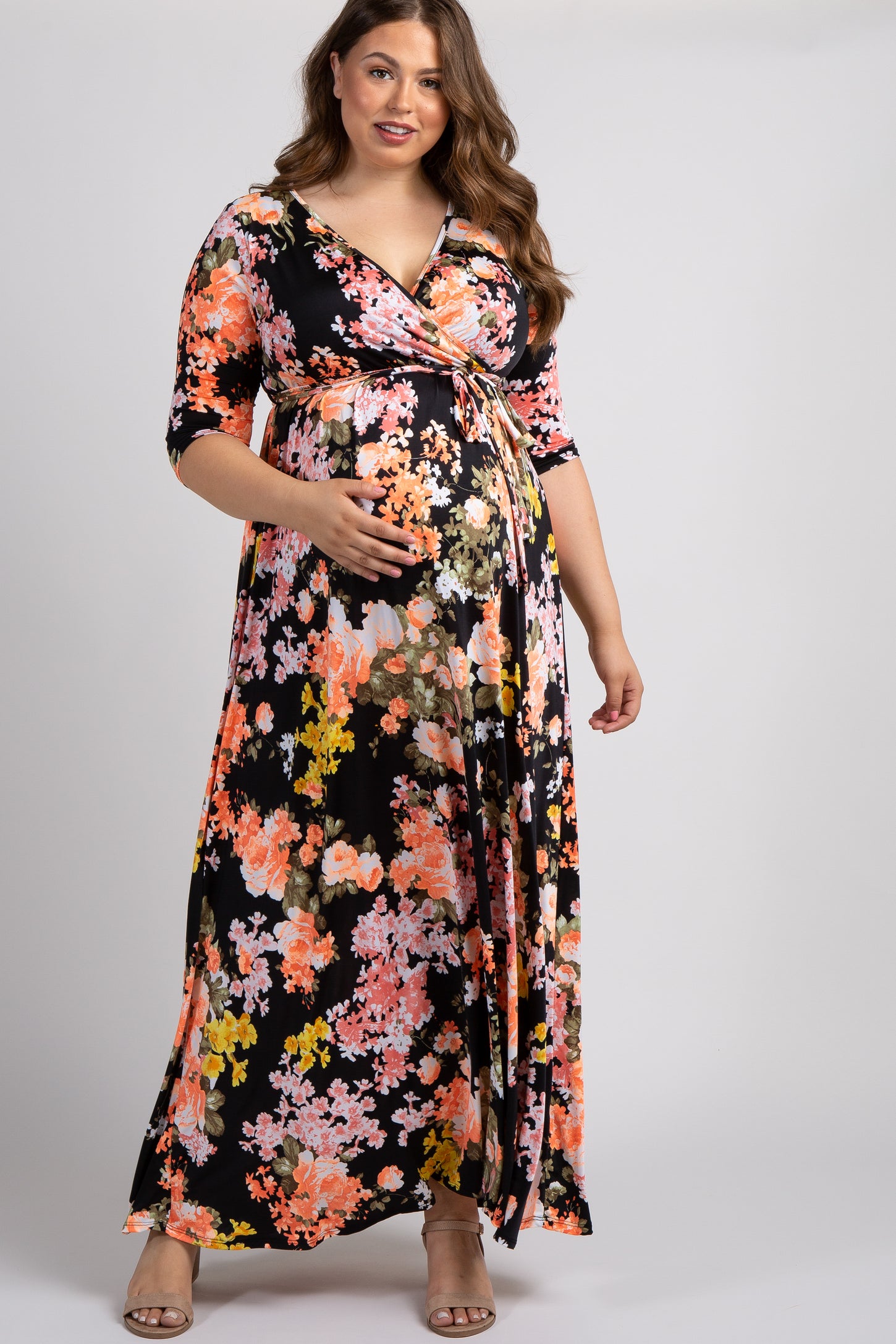 Black Floral Sash Tie Plus Maternity/Nursing Maxi Dress– PinkBlush