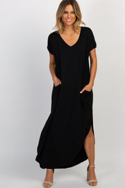 PinkBlush Black Solid Short Sleeve Maxi Dress