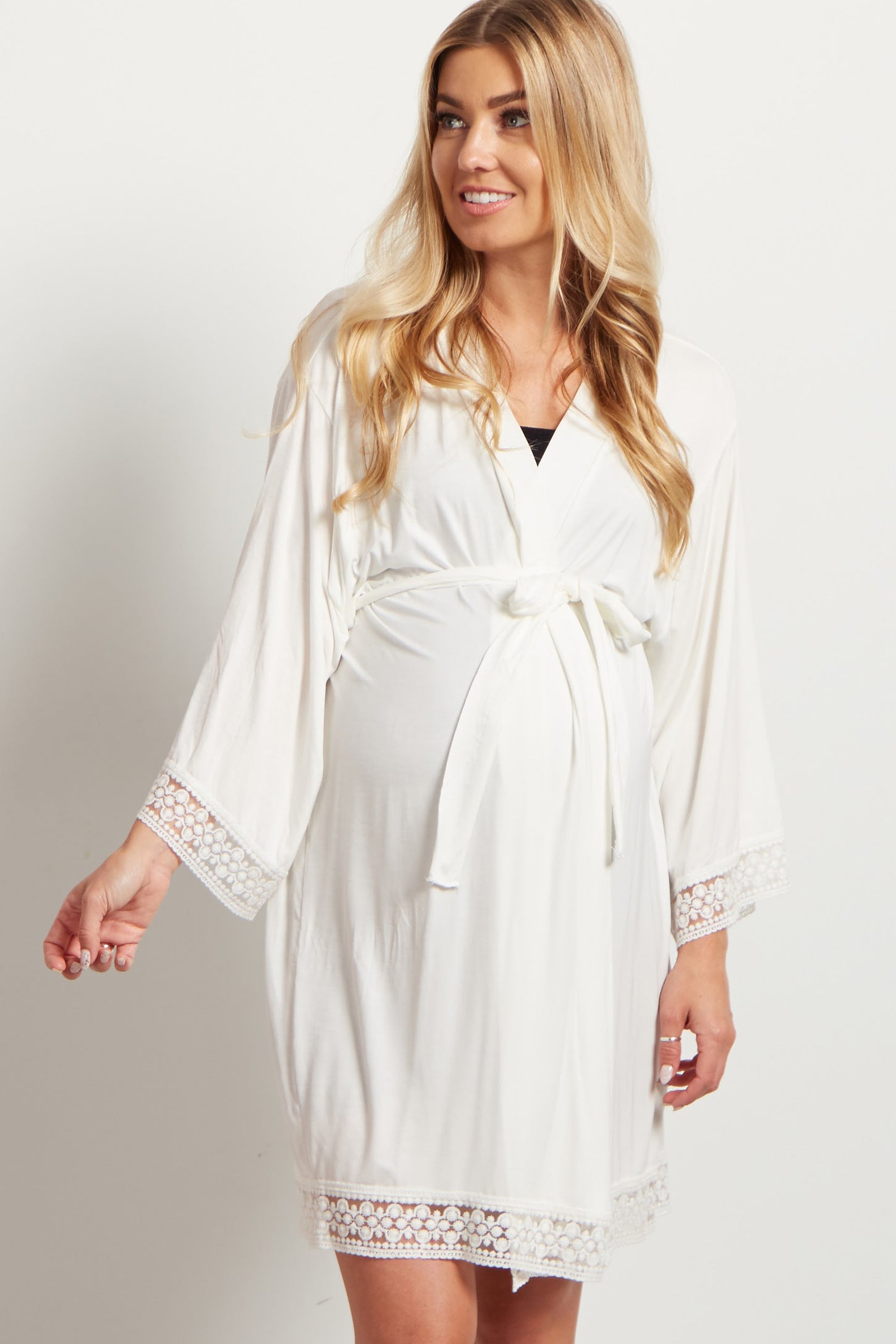 Shopymommy 5807 Lace Collar Maternity & Nursing Nightgown With Patterned  Robe Powder