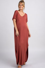 PinkBlush Rust Solid Short Sleeve Maternity Maxi Dress