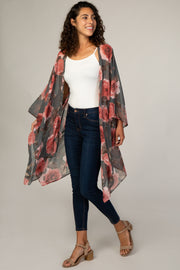 PinkBlush Grey Floral Chiffon Open Front Cover Up