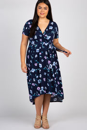 Navy Floral Hi-Low Plus Wrap Dress