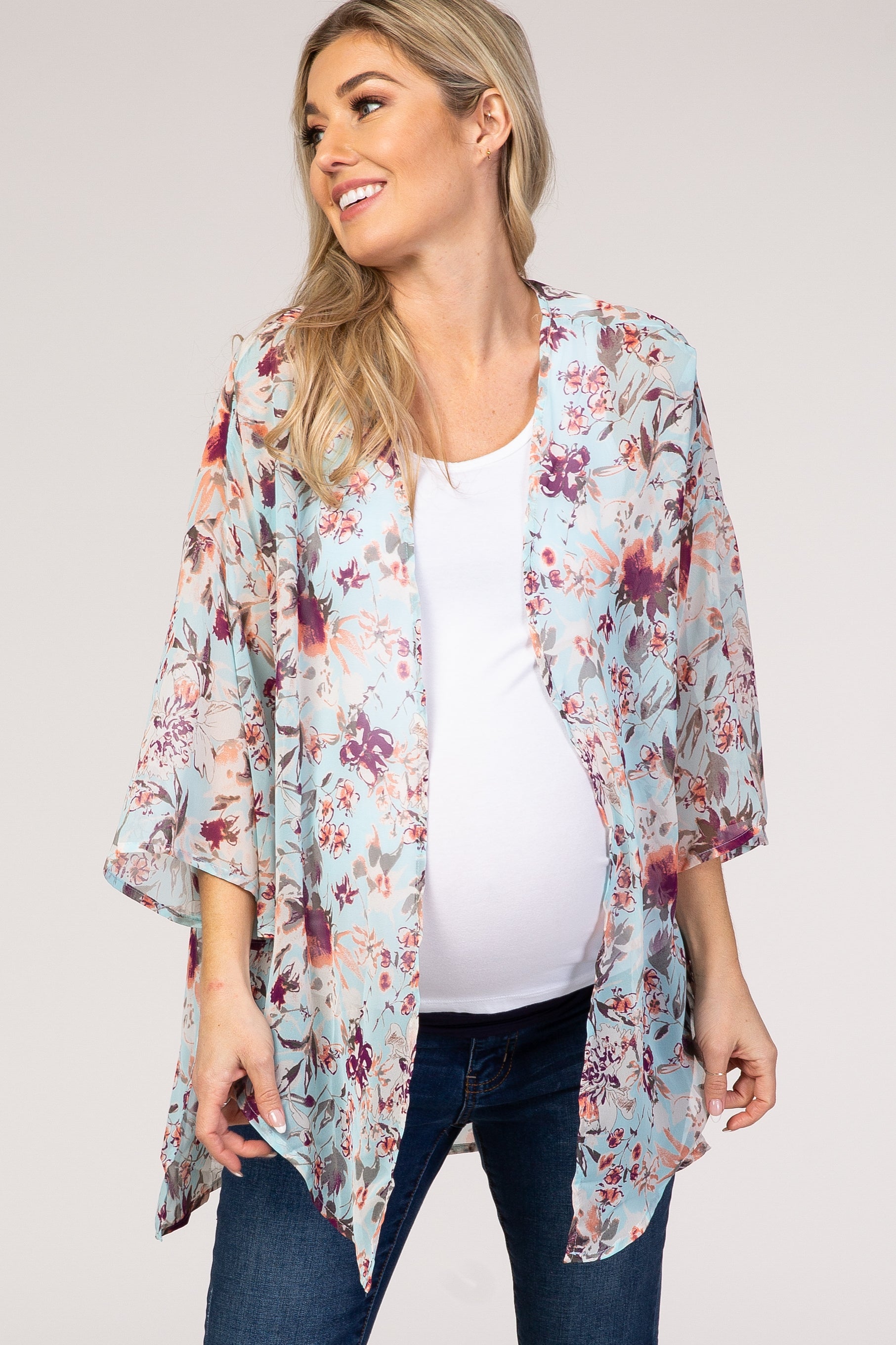 Light Blue Floral Chiffon Maternity Cover Up