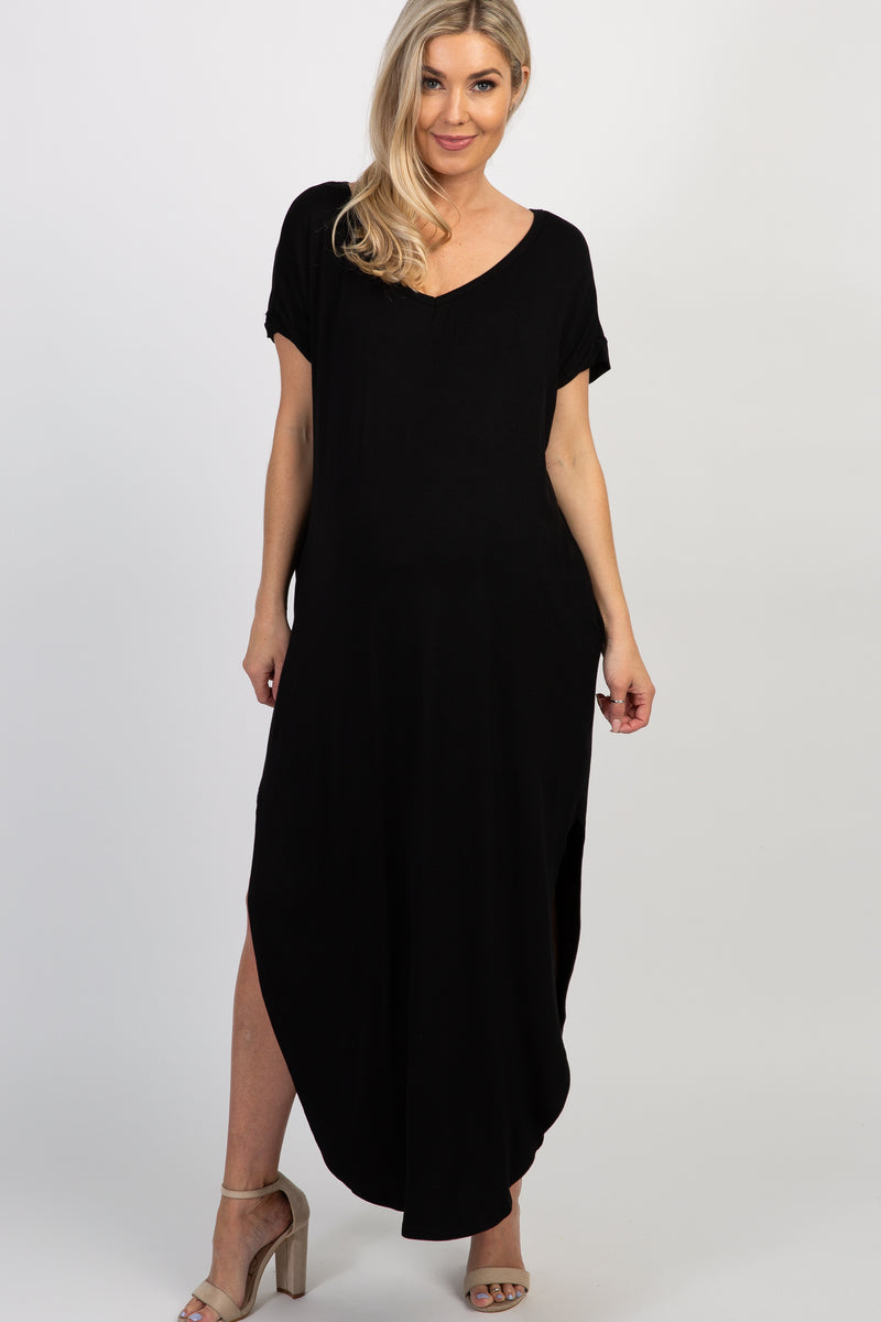 Black Basic V Neck Maternity Maxi Dress– PinkBlush