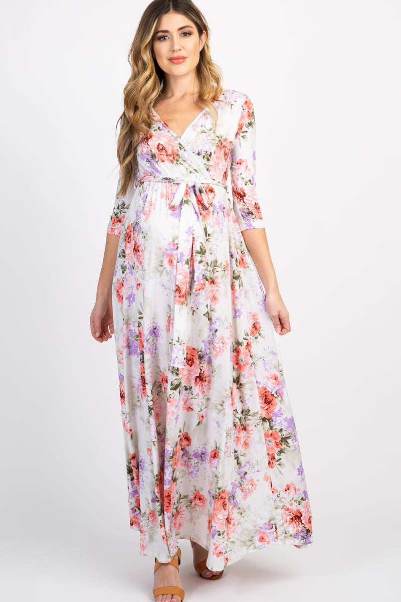 PinkBlush White Floral Maternity/Nursing Wrap Maxi Dress