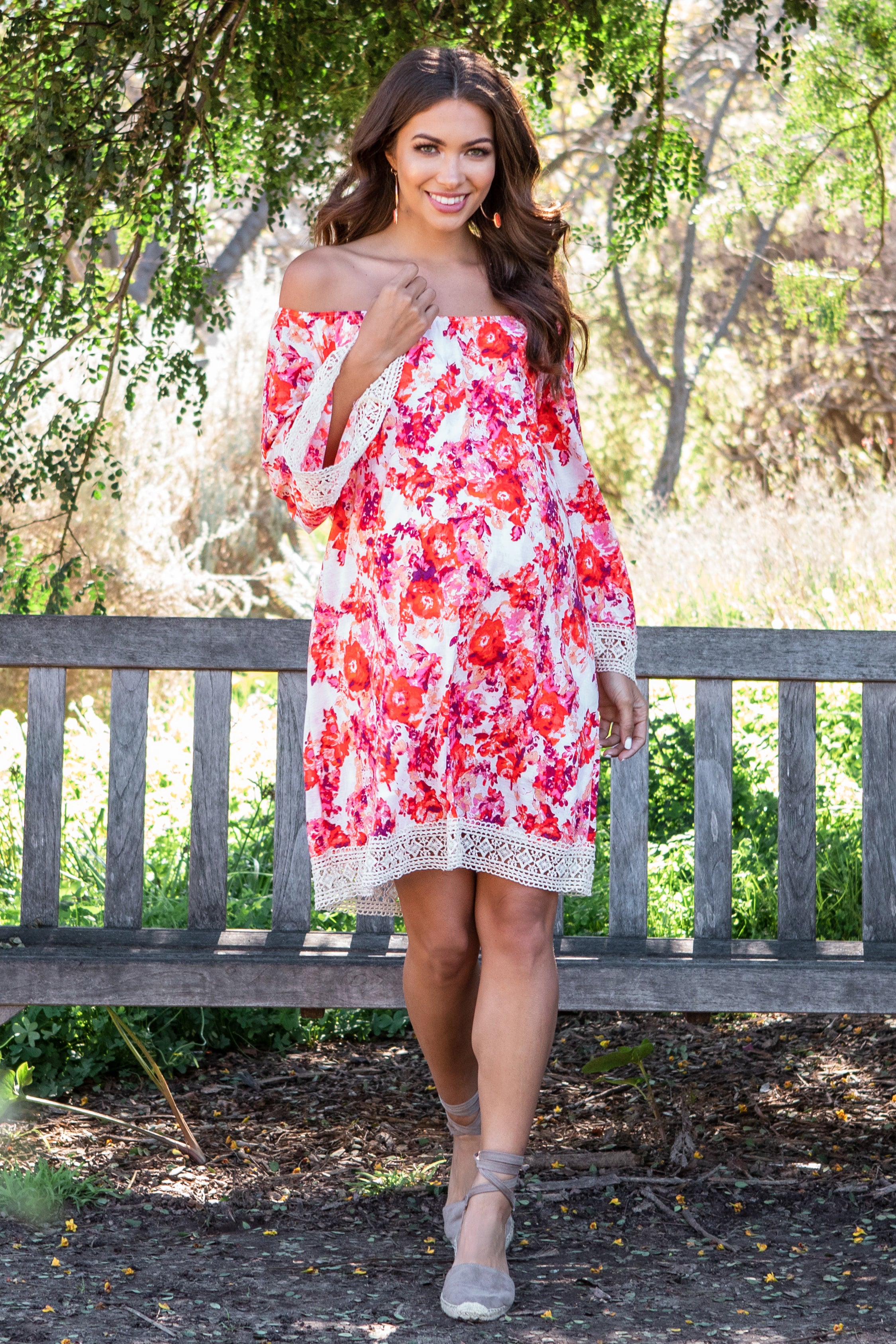 Red Floral Crochet Trim Off Shoulder Maternity Dress