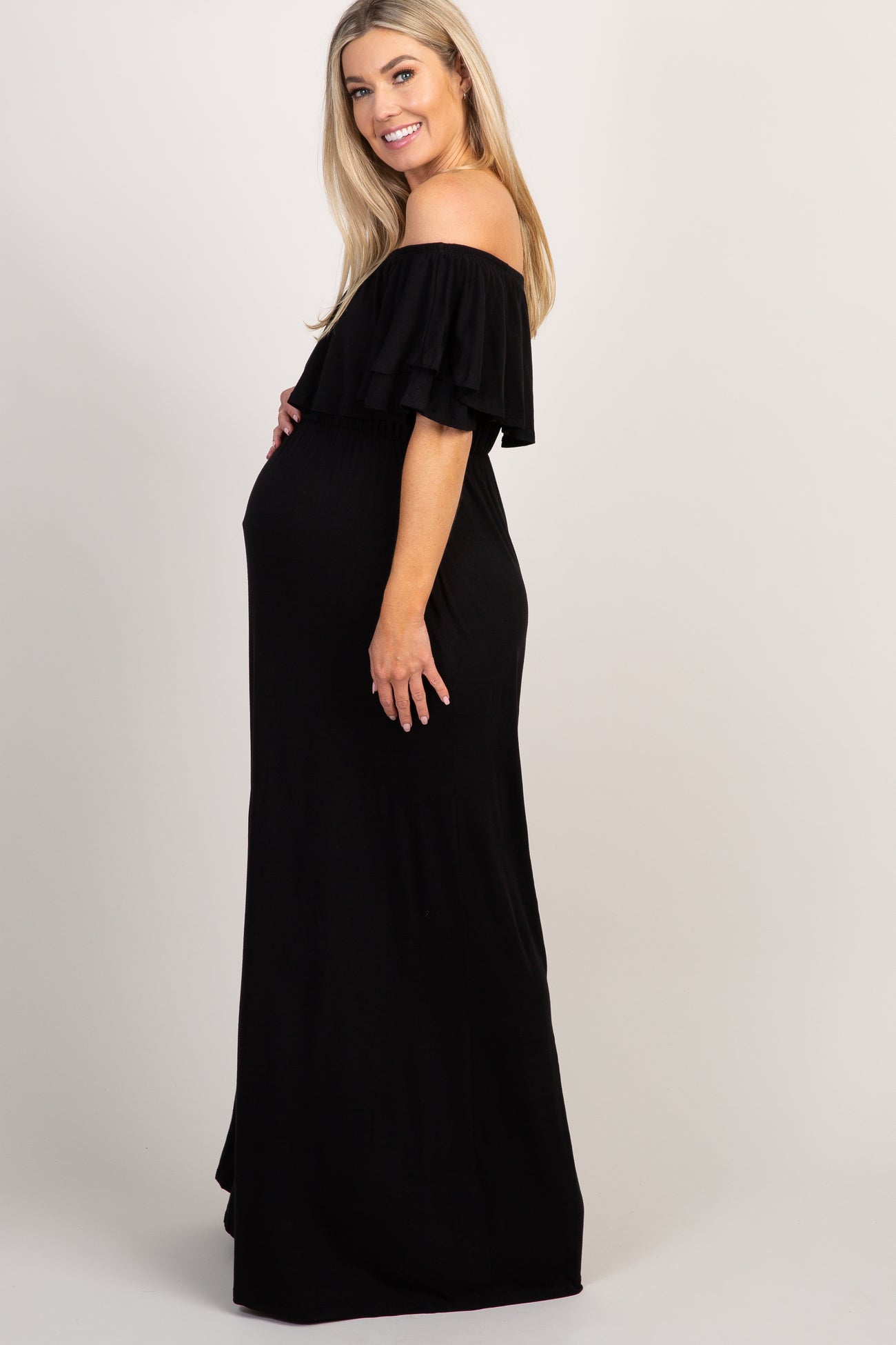 Black Off Shoulder Ruffle Trim Maternity Maxi Dress– PinkBlush