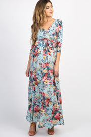 PinkBlush Mint Green Floral Sash Tie Maternity/Nursing Maxi Dress