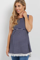 PinkBlush Navy Striped Crochet Trim Maternity Tank Top