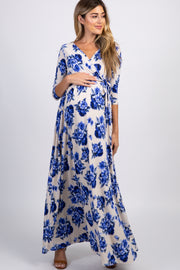 PinkBlush Blue Floral Sash Tie Maternity/Nursing Maxi Dress