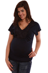 Navy Blue Rosette Short Sleeve Maternity Shirt Large