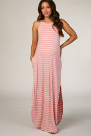 Pink Striped Cami Strap Maternity Maxi Dress