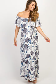 Ivory Floral Off Shoulder Sash Tie Maternity Maxi Dress