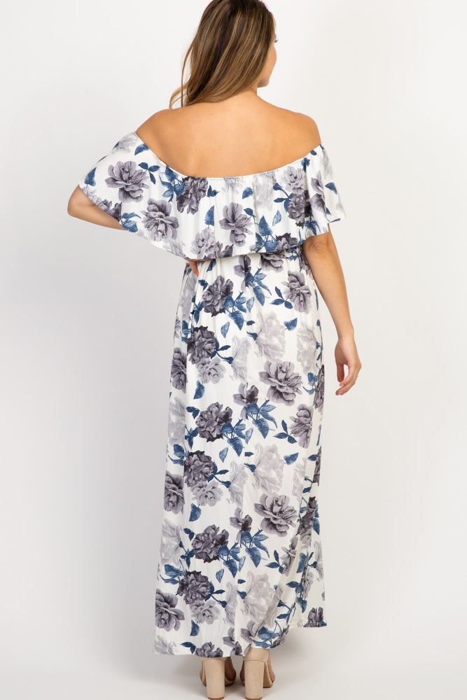 Ivory Floral Off Shoulder Sash Tie Maternity Maxi Dress– PinkBlush