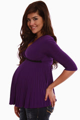 Purple Pleated 3/4 Sleeve Maternity Shirt