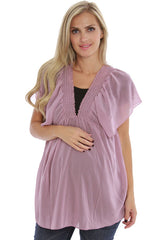 Pink Sheer Chiffon Short Sleeve Maternity Shirt