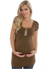 Brown Rhinestone Short Sleeve Maternity Shirt