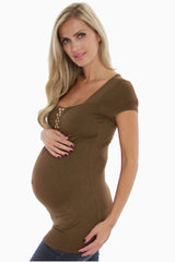 Brown Rhinestone Short Sleeve Maternity Shirt