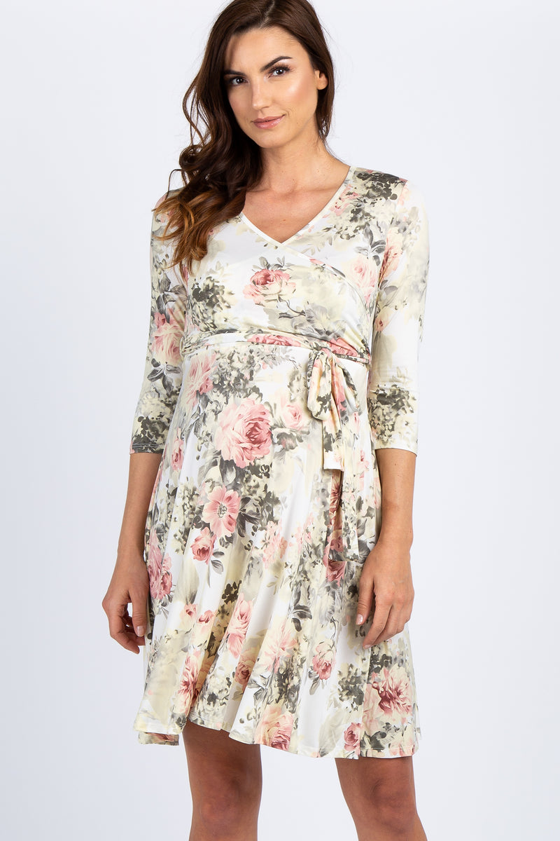 PinkBlush Ivory Floral Sash Tie Maternity/Nursing Dress