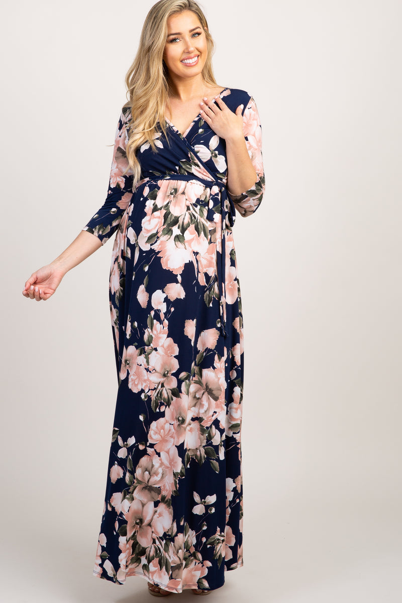 Navy Floral Maternity/Nursing Wrap Maxi Dress– PinkBlush