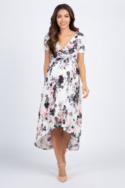 PinkBlush White Floral Hi-Low Maternity/Nursing Wrap Dress