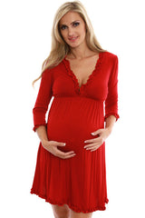 Red Ruffled 3/4 Sleeve Maternity Dress