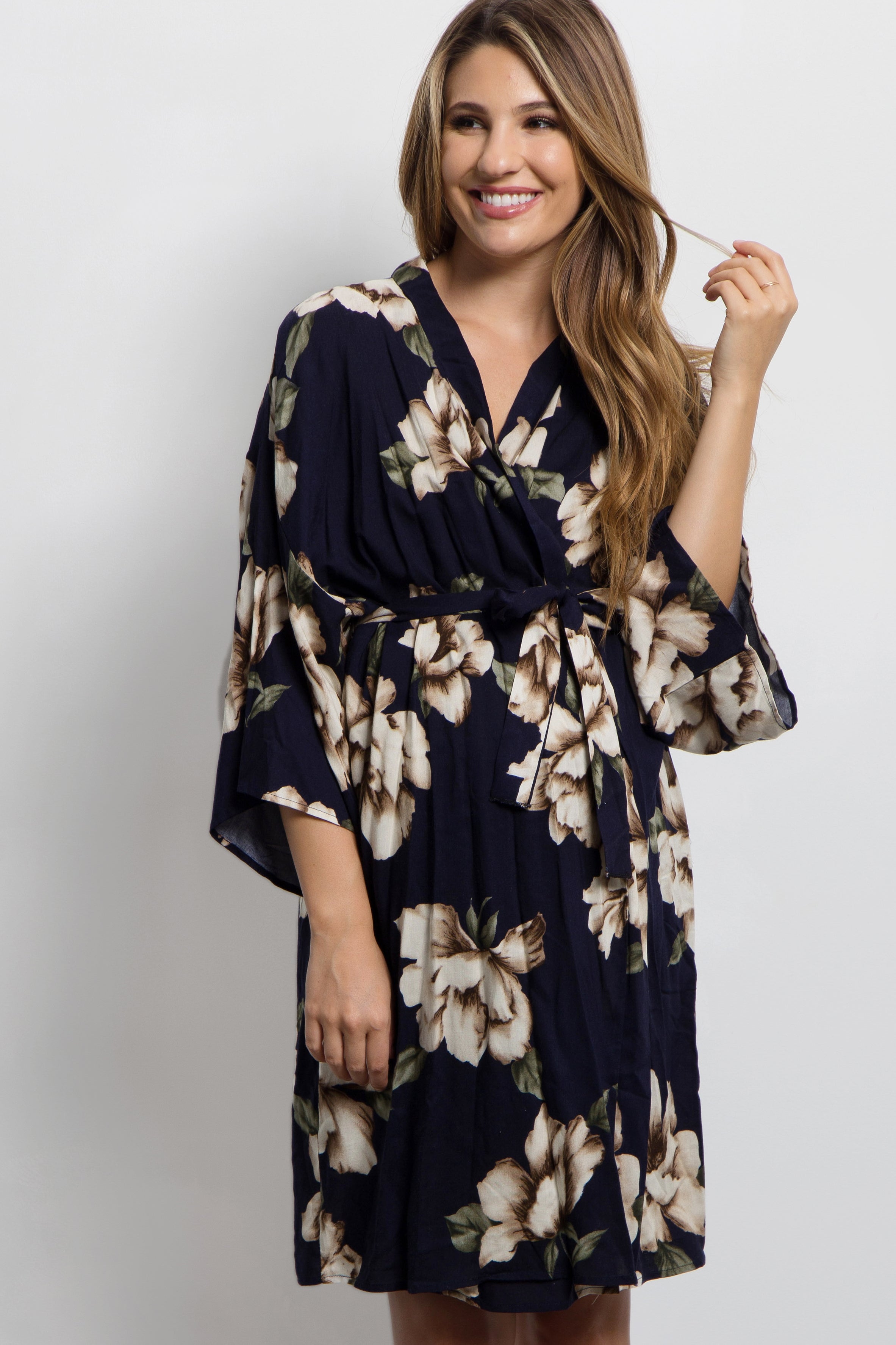 PinkBlush Navy Blue Floral Print Delivery Nursing Maternity Robe