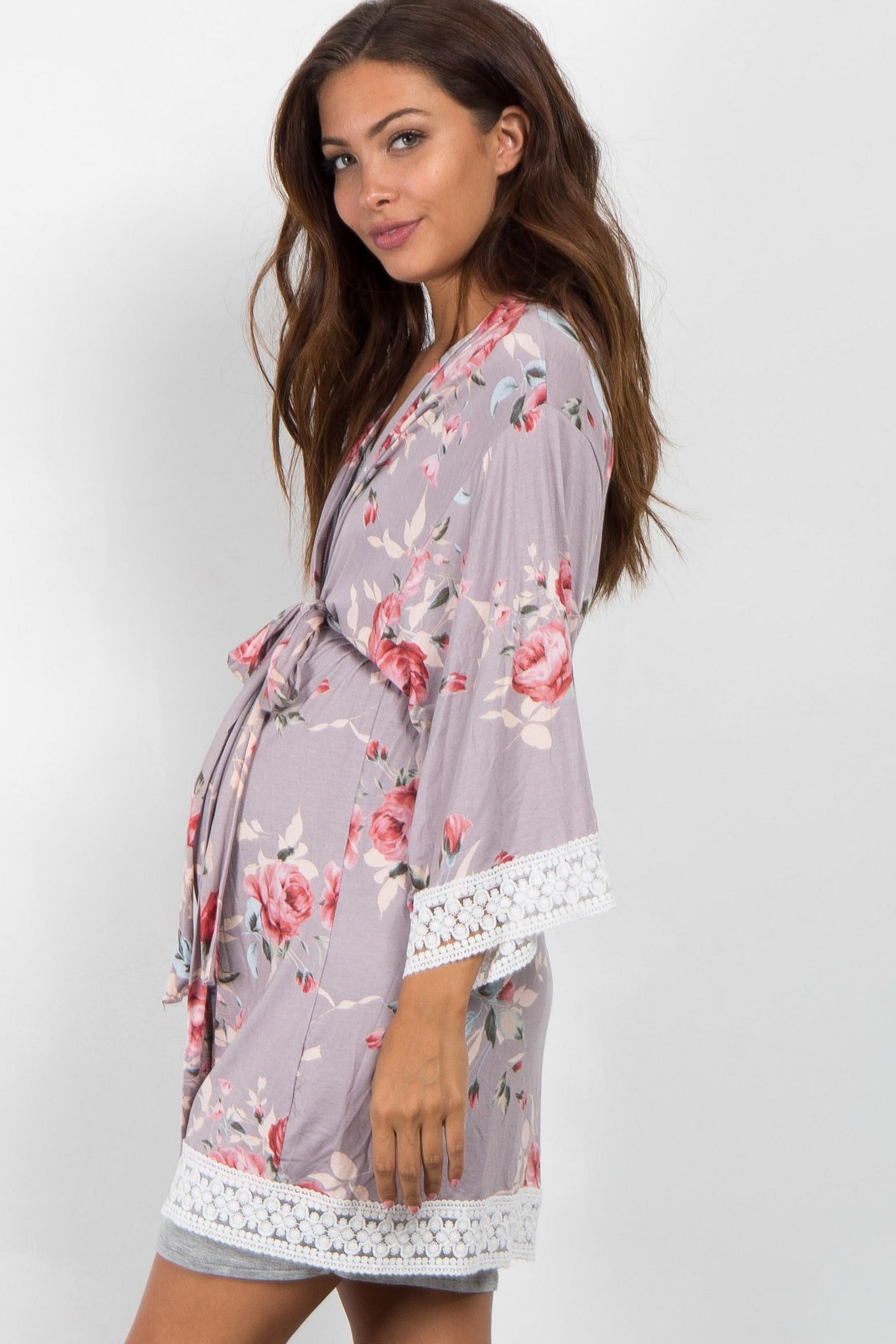 PinkBlush Beige Crochet Trim Delivery/Nursing Maternity Robe