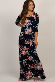 Navy Rose Floral Maternity Maxi Dress