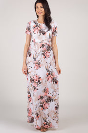 Peach Floral Short Sleeve Maxi Dress