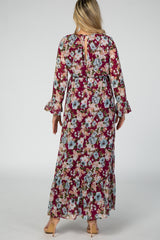 Burgundy Floral Chiffon Wrap Ruffle Maternity Maxi Dress