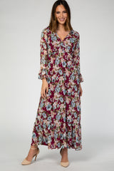 Burgundy Floral Chiffon Wrap Ruffle Maternity Maxi Dress